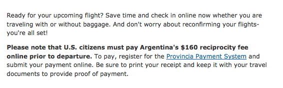 What is the reciprocity fee in Argentina?