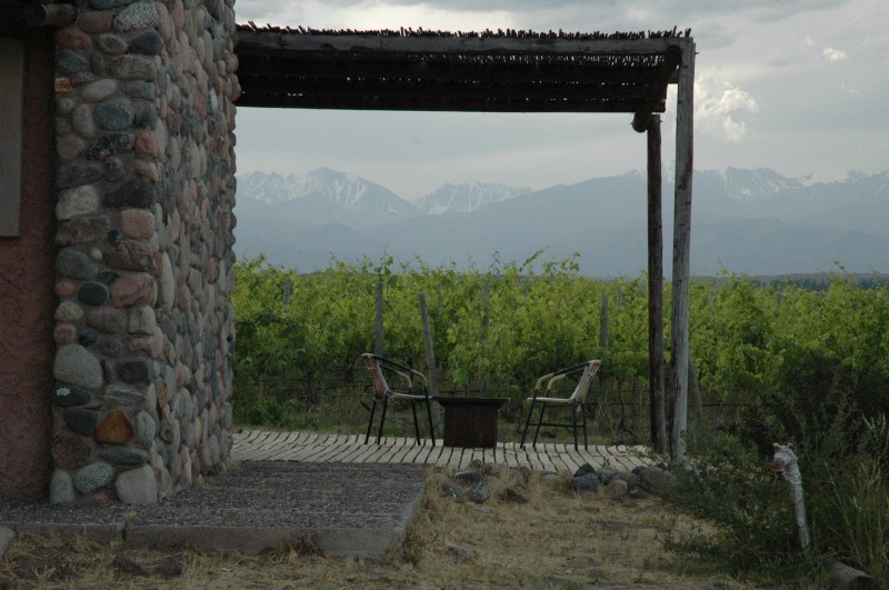 Patio of a room with a beautiful view of the Andes and vineyard